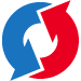 Företagets logotyp, en röd och en blå pil som är i en cirkel med varandra